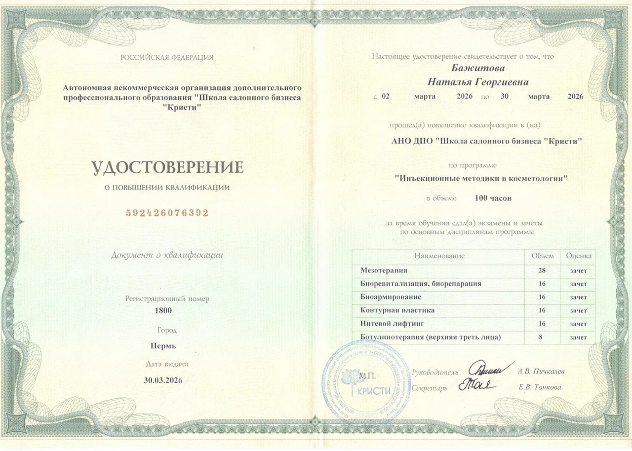 Удостоверение о повышении квалификации «Инъекционные методики в косметологии», 2026 — Бажитова Наталья Георгиевна